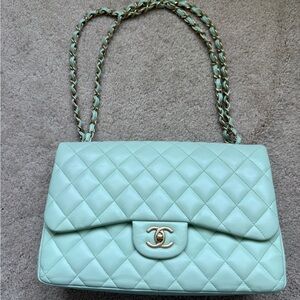 CHANEL Quilted Lambskin Double Flap Jumbo Mint Green Gold Hardware